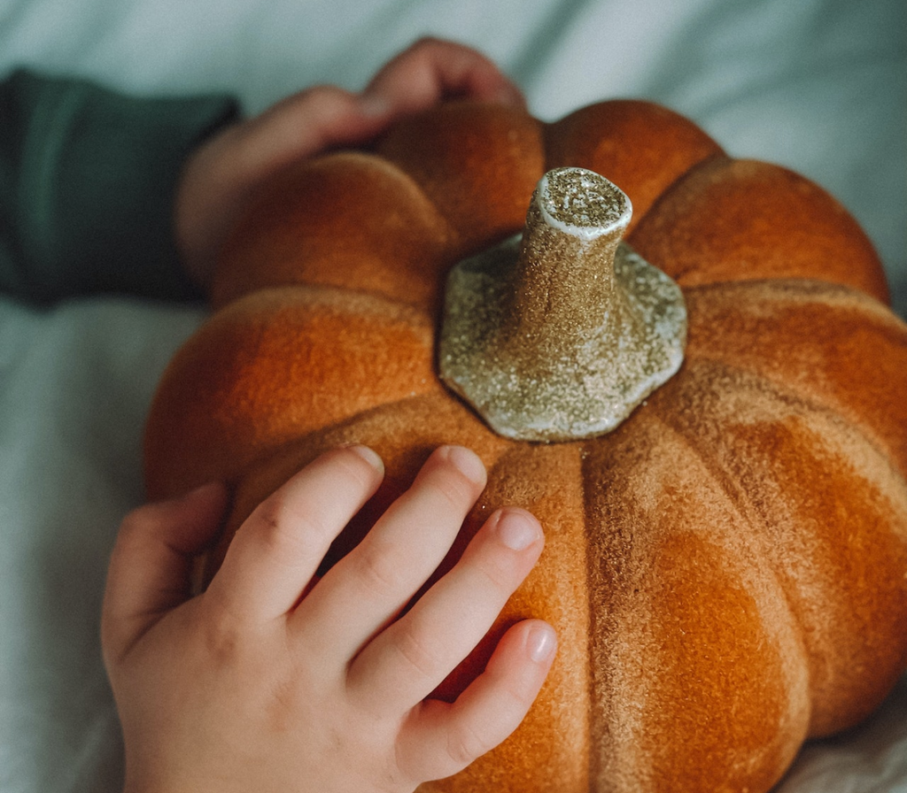 how do i teach my toddler about thanksgiving: child holds pumpkin ornament